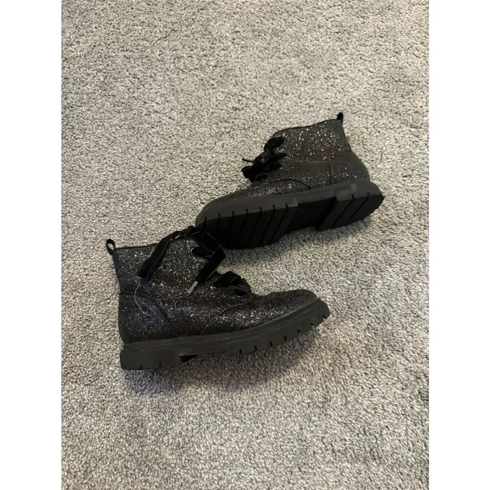 Cat & Jack Black Glitter Lace-Up Ankle Boots Sz 12